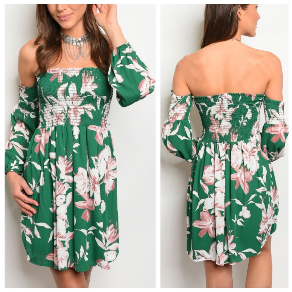 Green Floral Tropical Off Shoulder Smocked Dress - Picture 2 of 3